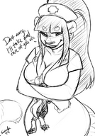 drawing giantess monochrome large_breasts long_hair ponytail nurse hugging sheela smothering no_background