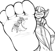 drawing crush monochrome large_breasts long_hair shrunken_woman under_foot sheela cape stuck_to_foot goblin pointed_ears