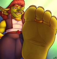 drawing color barefoot world_of_warcraft sheela point_of_view looking_at_viewer raised_foot goblin