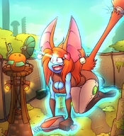 drawing growth giantess color cleavage gun red_hair blue_skin tower growth_ray sheela walls wildstar aurin