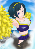 breasts drawing giantess city mega skirt smiling cheerleader sneakers outdoors looking_at_viewer etz arms_spread pom-poms