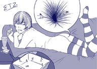 drawing nude monochrome short_hair shrunken_people drinking striped_stockings looking_back etz butt_crack falling_in
