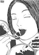 drawing nude vore black_hair long_hair cake unaware shrunken_woman eating open_mouth closed_eyes etz
