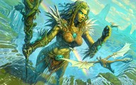 drawing giantess landscape dragoness long_hair belly world_of_warcraft staff birds rainbow green_skin tree_girl no_pupils