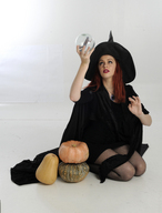 collage handheld red_hair witch shrunken_men kneeling fishnets shrunken_man looking_at_tiny crystal_ball