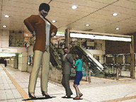 black_hair high_heels short_hair mini_giantess indoors hands_on_hips digital_render