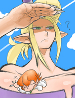 drawing blonde color huge_breasts mini_giantess unaware long_nails hybrid tall_woman pointed_ears scythana skullgirls peacock namasomi between_breasts