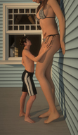 long_hair swimsuit barefoot brunette mini_giantess shorts looking_down mike973 digital_render tattooed