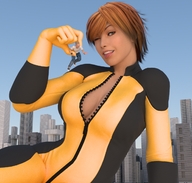 breasts giantess city mega tongue handheld cleavage brunette short_hair dangle outdoors costume between_fingers looking_at_viewer jumpsuit zipper winking boomgts digital_render amber