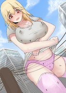 drawing giantess panties blushing city blonde color climbing huge_breasts looking_down open_mouth outdoors shirt hanging_on lifting_shirt mejiro メジロ