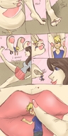 comic color barefoot brunette shrunken_men foot_crush kissing shrunken_man dangle between_toes between_fingers pushing under_toe miniskirt justagiant math_problems