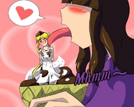 drawing blushing blonde long_hair licking desert brunette ice_cream embarrassed shrunken_woman long_tongue tasting herretik