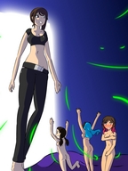 drawing nude color long_hair barefoot blue_hair brunette pigtails belly shrunken_woman pants covering_breasts herretik