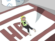 drawing blushing blonde color long_hair barefoot lying_down shrunken_woman looking_up shirt herretik worried sweatpants