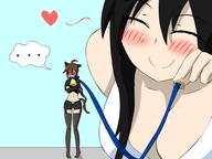 drawing blushing black_hair large_breasts long_hair cleavage skirt brunette smiling nylons shrunken_woman cat_girl leash herretik
