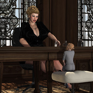 giantess blonde cleavage high_heels huge_breasts mini_giantess sitting table looking_down suit indoors bottles tied_hair redfiredog digital_render