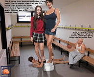 collage long_hair skirt high_heels brunette short_hair mini_giantess uniform trample giantesses football indoors top dialogue squeezemeflat