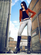 city black_hair long_hair jeans boots worship looking_down sunglasses houses outdoors jacket imminent_crush sorenzer0 digital_render misskaneda