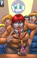 giantess blonde black_hair long_hair giant multiple_giantesses glasses brunette smiling red_hair dress bending_over tie open_mouth suit giantesses indoors giantessfan