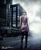 collage city blonde long_hair stockings mini_giantess boots vehicles outdoors fog