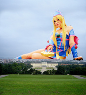giantess collage blonde long_hair destruction skirt lying_down cosplay hat dark_magician_girl magical_girl peque yu-gi-oh!