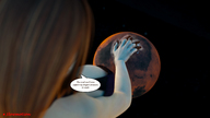 giantess space long_hair destruction planet cleavage red_hair hand_crush dialogue digital_render cosmic_giantess