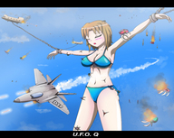 bikini breasts drawing giantess blushing color cleavage brunette captured jet_fighter riho_futaba thedaibijin demolition_girl