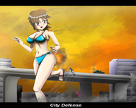 bikini breasts drawing blushing city color toes green_eyes brunette tank sandals foot_crush explosion looking_back ankles vehicle_crush riho_futaba thedaibijin demolition_girl