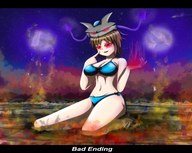 bikini breasts drawing giantess crush blushing city color toes cleavage brunette smiling sandals burning captions point_of_view ankles riho_futaba thedaibijin demolition_girl