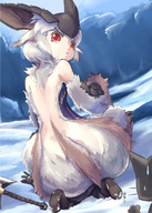 drawing crush furry tail size_difference color butt_crush red_eyes sitting monster_girl axe monster_hunter felyne tie_baihe lagombi