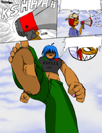 drawing comic color barefoot blue_hair megaphone raised_foot