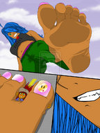 drawing crush comic color long_hair barefoot green_eyes blue_hair foot_crush point_of_view raised_foot watermark