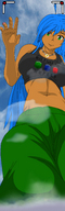 green_eyes blue_hair smiling belly clouds point_of_view necklace black_top looking_at_viewer green_pants