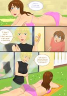bikini drawing blonde color swimsuit green_eyes brunette story lying_down unaware shrunken_man grass dialogue ayami6 my_sister_the_giantess