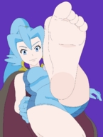 drawing pokemon feet color swimsuit blue_eyes toes barefoot soles anime blue_hair smiling looking_down point_of_view cape looking_at_viewer imminent_crush fantasyuniverses clair_(pokemon)
