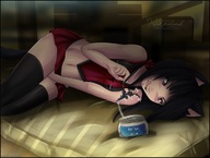 drawing blushing color skirt nekochank shrunken_men shrunken_man cat_girl mouse_boy licking_lips thigh_highs cheerleader_outfit commission mattress imminent_insertion katrina_chisu flavoring zendoren ky_jam lubricant