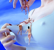 breasts nipples handheld cleavage shrunken_woman hanging_on white_top digital_render flagg3d between_breasts