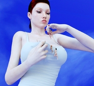 handheld cleavage green_eyes red_hair ponytail shrunken_woman manicure white_top looking_at_tiny digital_render flagg3d between_breasts