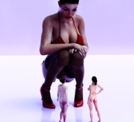 bikini breasts nude butt barefoot cleavage high_heels brunette squatting shrunken_woman manicure fishnet_nylons looking_at_tiny digital_render flagg3d hoop_earings