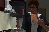 giantess cleavage glasses brunette shrunken red_hair short_hair blender shrunken_woman indoors earrings digital_render flipping_off