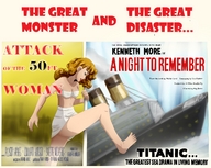 drawing giantess color long_hair barefoot skirt red_hair foot_crush looking_down poster bikini_top ships titanic attack_of_the_50_foot_woman nancy_archer