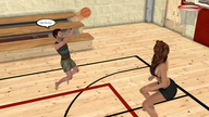 long_hair barefoot brunette short_hair basketball shorts bikini_top dialogue digital_render midair