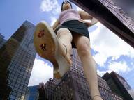 giantess collage unaware shoe_crush outdoors hands_on_hips looking_into_distance stuck_to_sole stains