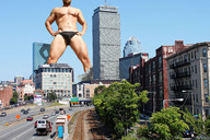 collage city destruction giant buildings bulge speedo vehicles outdoors hands_on_hips facial_hair