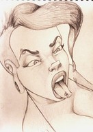 drawing vore small_man monochrome large_breasts cleavage brunette sketch nose on_tongue peterparkerlawl looking_at_small_man