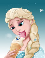 drawing blonde color long_hair tongue blue_eyes princess ice_cream queen shrunken_woman frozen disney braid anna imminent_vore looking_at_tiny elsa kisparlius
