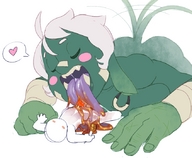 drawing giantess white_hair tail color tongue licking bandages saliva lying_down honey fangs bull ogress green_skin noill censored_penis