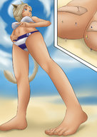 drawing micro tail color swimsuit beach barefoot cat_ears final_fantasy walking unaware shrunken_people standing etz miqote final_fantasy_xiv
