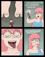drawing vore comic color tongue handheld barefoot glasses green_eyes red_hair shrunken_men shrunken_man inside_mouth jackurai chewing_gum_in_class chewing_victim