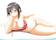 breasts drawing gentle giantess black_hair color swimsuit beach cleavage glasses underwear lying_down looking_down ビク太 relaxed bikuta